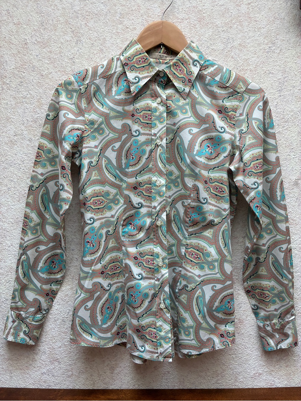 Etro woman’s Paisley Button-Up Shirt in Teal and Beige